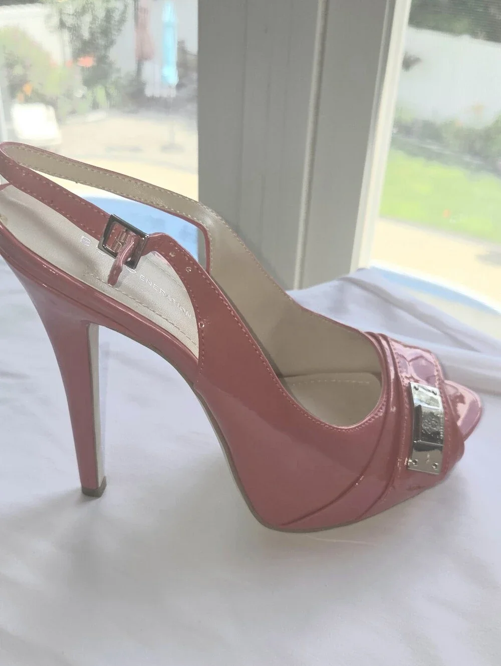 BCBGeneration Coral Pink Patent Peep-Toe Slingback Heel
